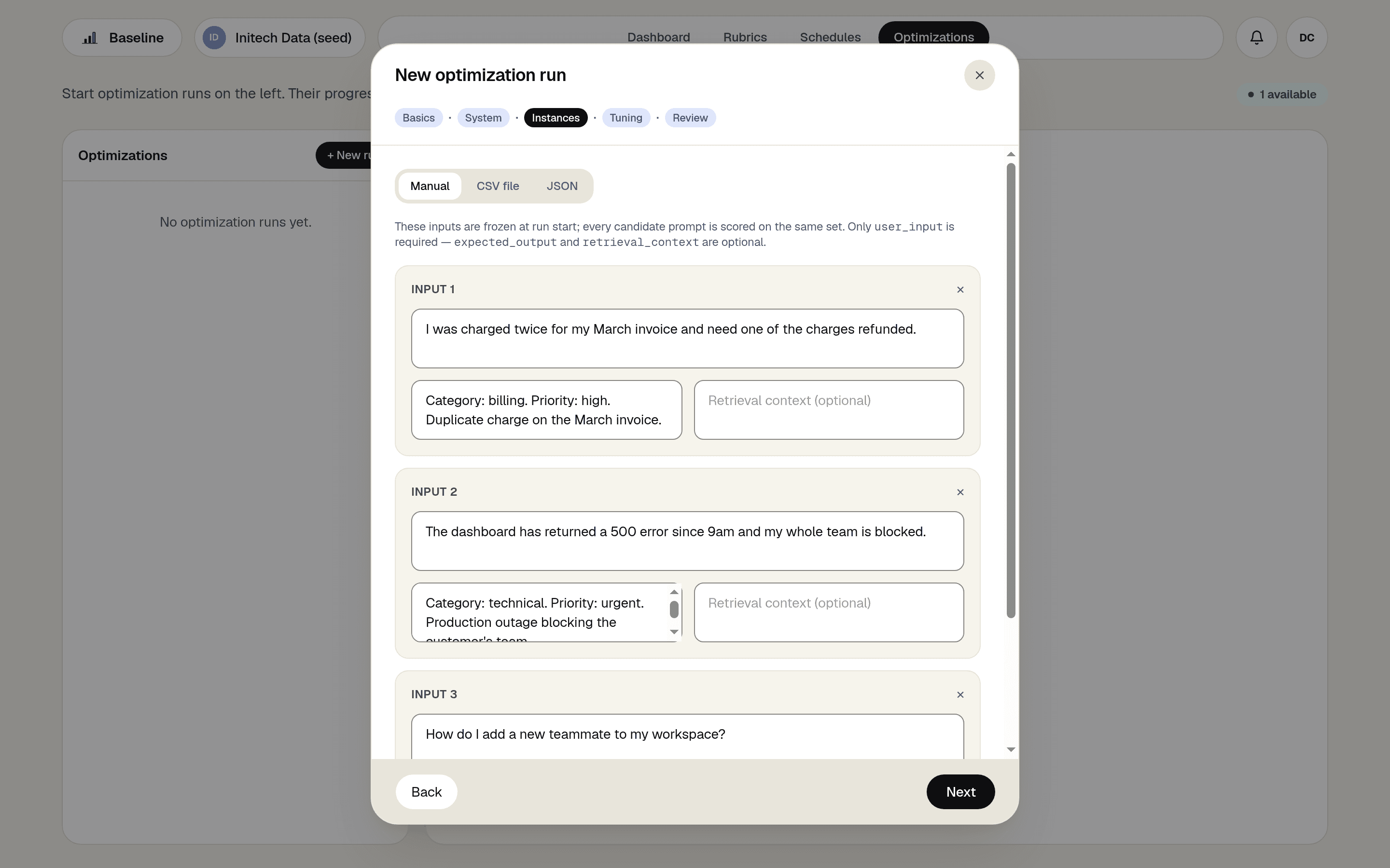 The optimization wizard's Instances step with three support tickets entered manually, each with a user input and an expected output.