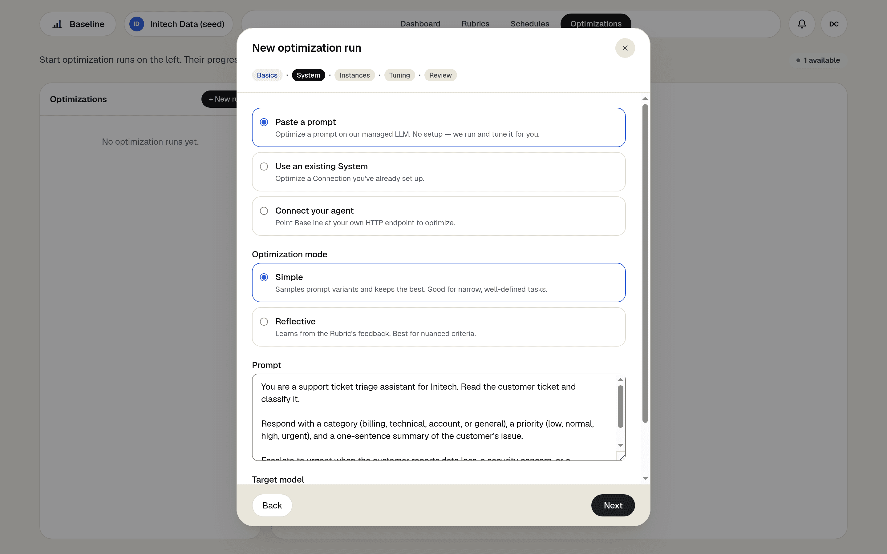 The optimization wizard's System step with Paste a prompt chosen, Simple selected as the Optimization mode, and a support-ticket triage prompt filled in.