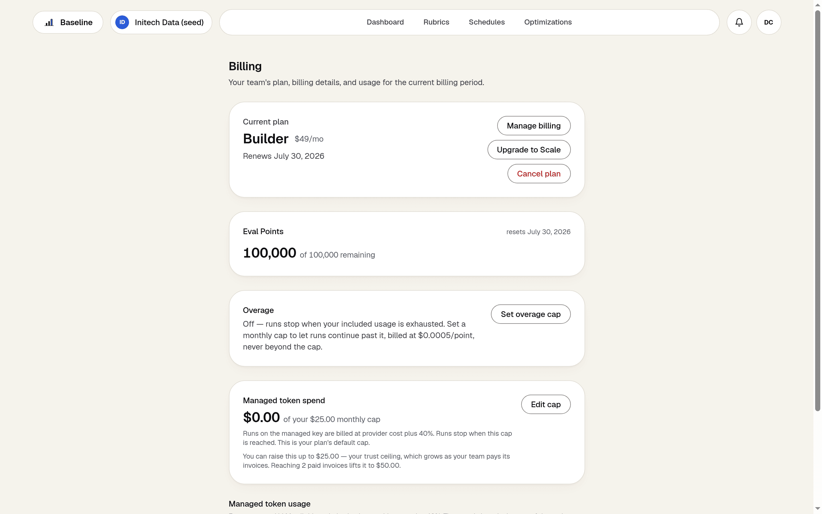 The Baseline Billing page for a Builder team showing 100,000 of 100,000 Eval Points remaining, the reset date, and the Overage card.