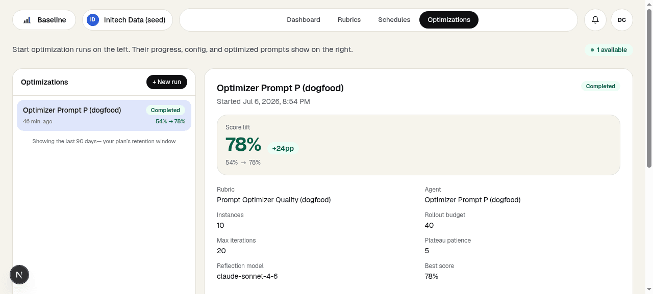 The completed Optimization Run: score lift from 54% to 78%, a 24 point gain, with the run's configuration