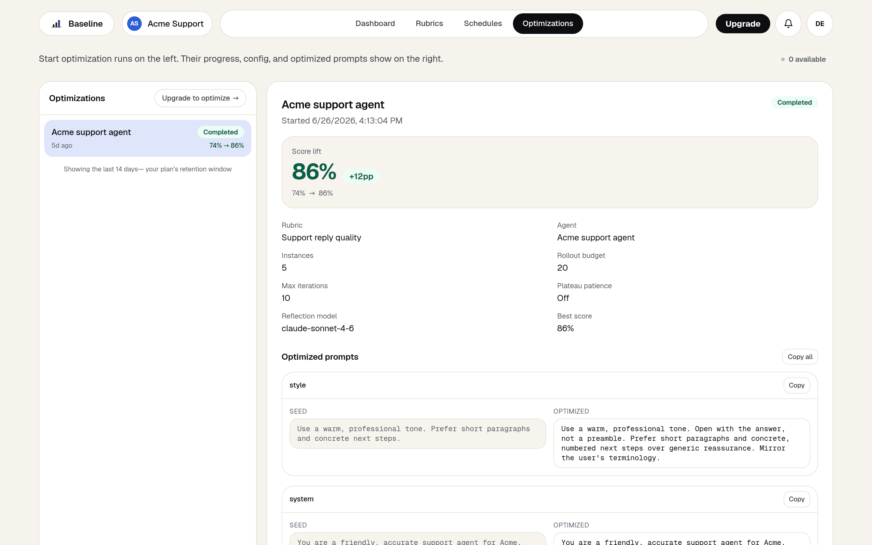 A completed Optimization Run in Baseline showing a score lift from 74% to 86% and the seed prompt beside the optimized version.