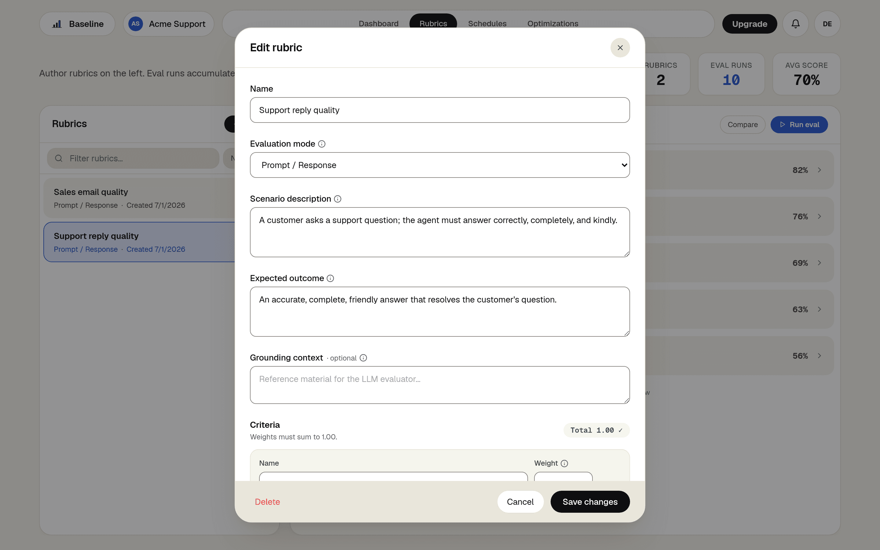 The rubric editor's scenario description, expected outcome, and grounding context fields in Baseline.