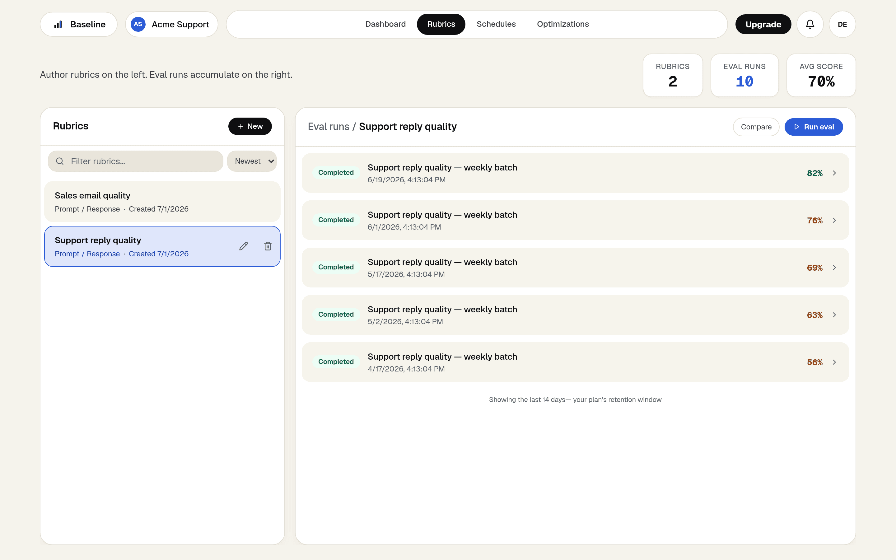 Five Eval Runs of the same rubric in Baseline, scored by identical criteria across two months.