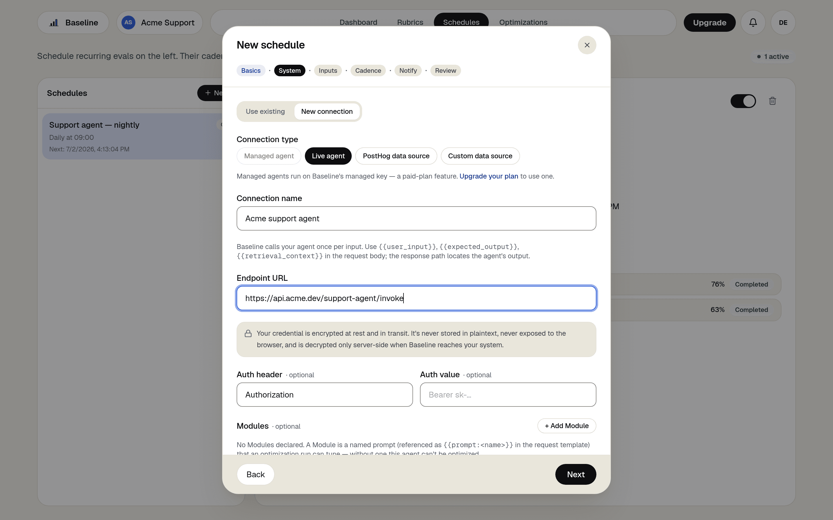 Creating a live agent Connection in Baseline's schedule wizard, with endpoint URL, auth header, and request body template.